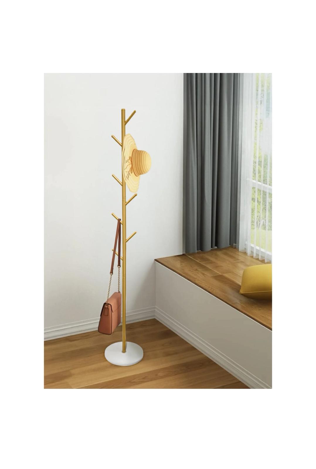 Cuier vertical metal auriu  Bază piatră albă | 8 cârlige | 170 cm