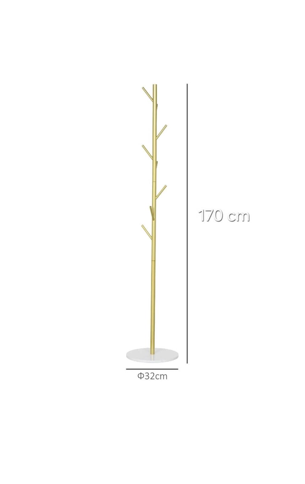 Cuier vertical metal auriu  Bază piatră albă | 8 cârlige | 170 cm