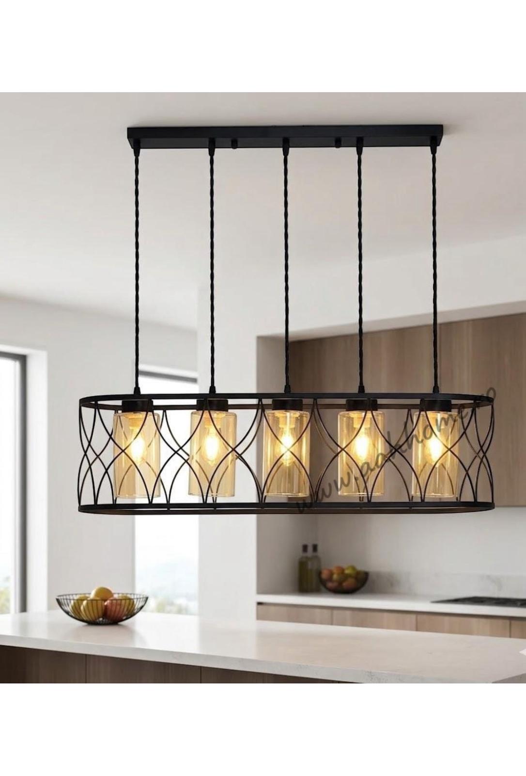 Lustră 2337/5  Negru mat | metal & sticlă ambră cilindrică | dreptunghiulară 80 cm