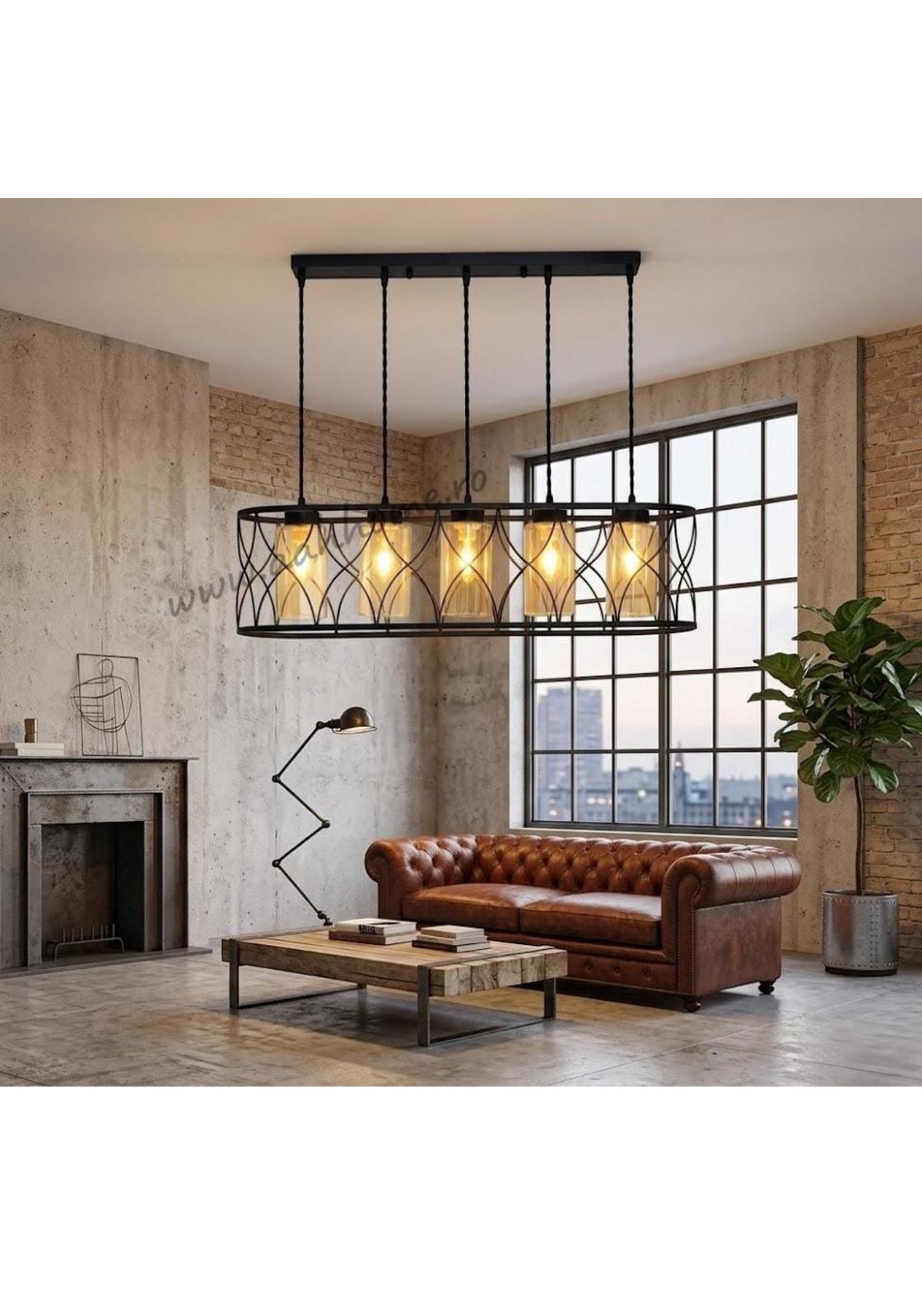 Lustră 2337/5  Negru mat | metal & sticlă ambră cilindrică | dreptunghiulară 80 cm