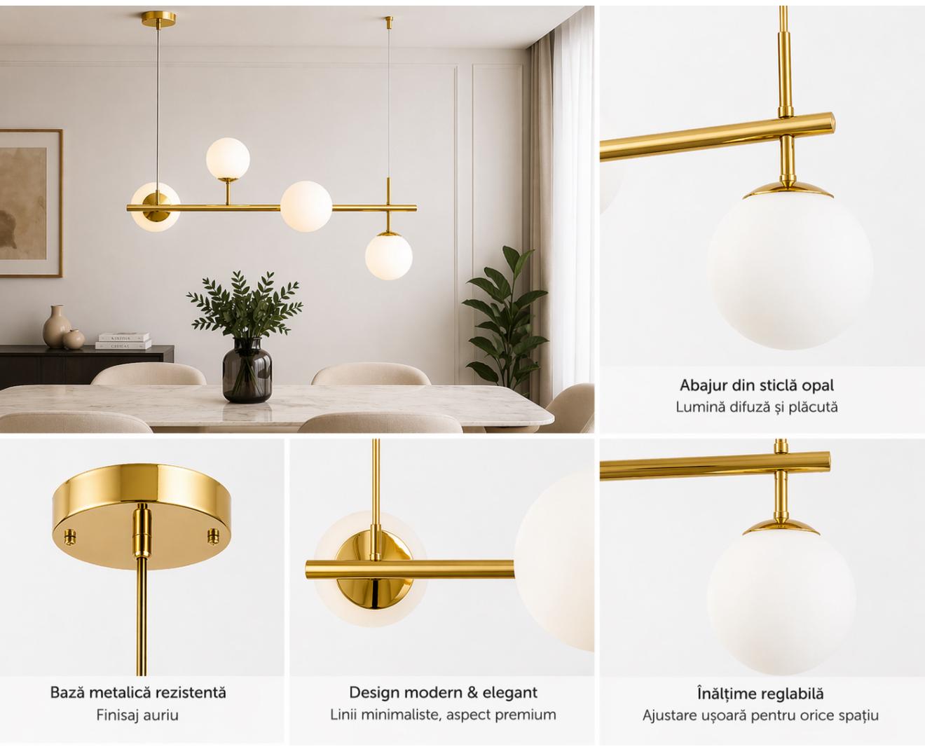 Lustră ANT 2471/4  Metal auriu | globuri din sticlă albă | design modern | 70 cm