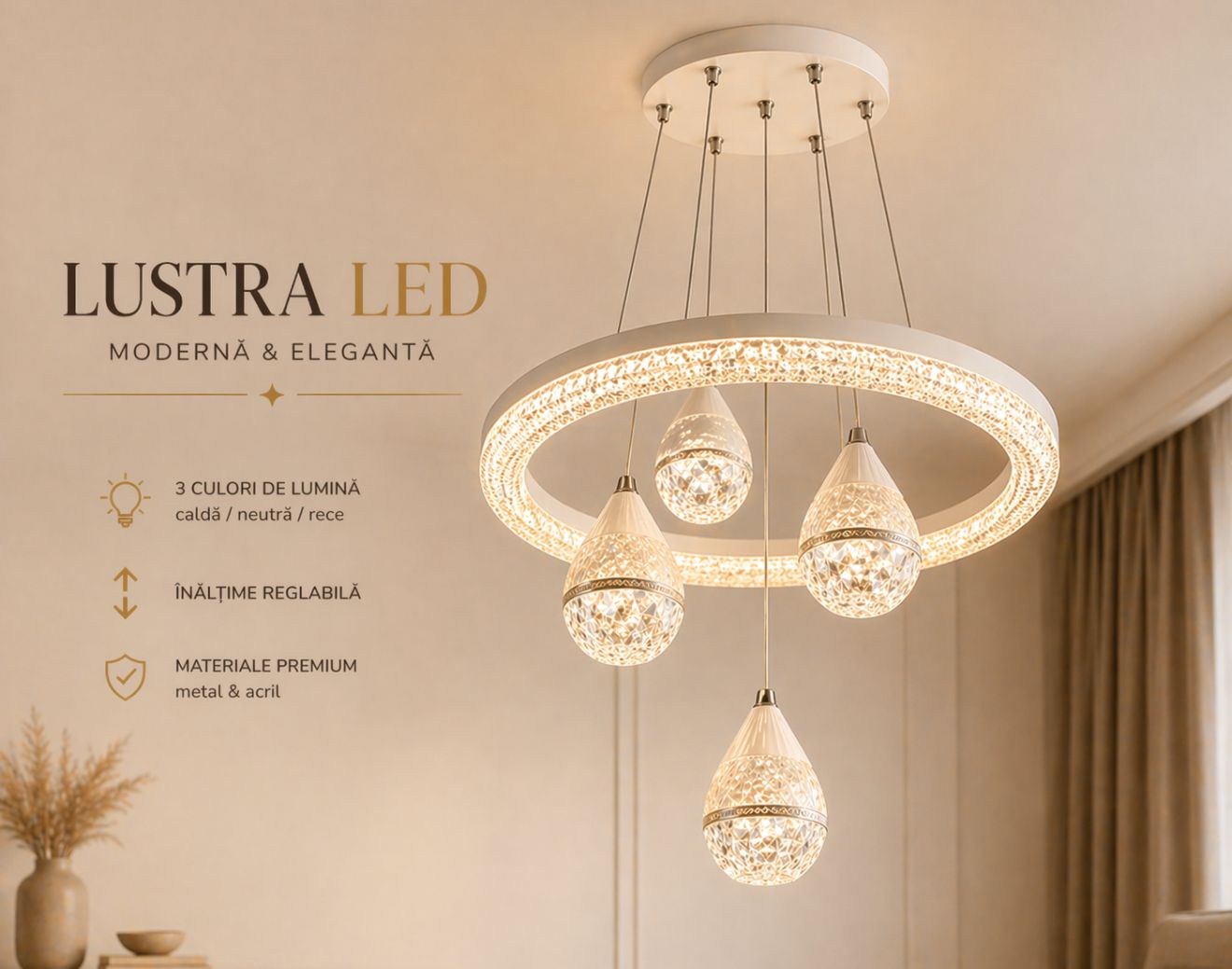 Lustră LED ANT1779/5  80W | metal & acril | înălțime reglabilă | 3 tipuri de lumină | design modern