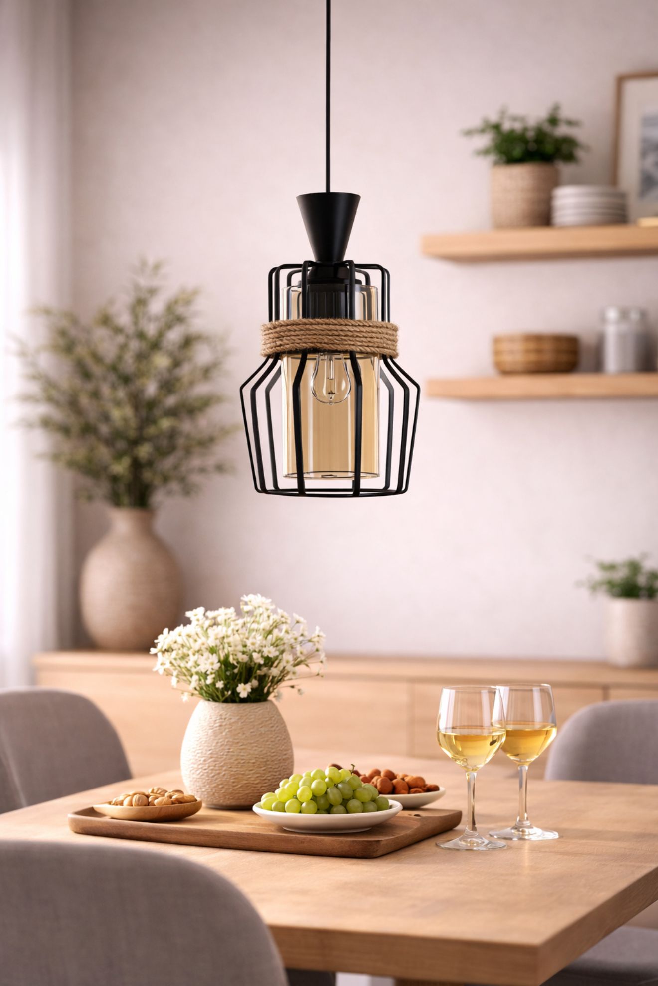 Pendul ANT3076, abajur sticlă aurie, cadru metal negru, sfoară decorativă, reglabil în înălțime