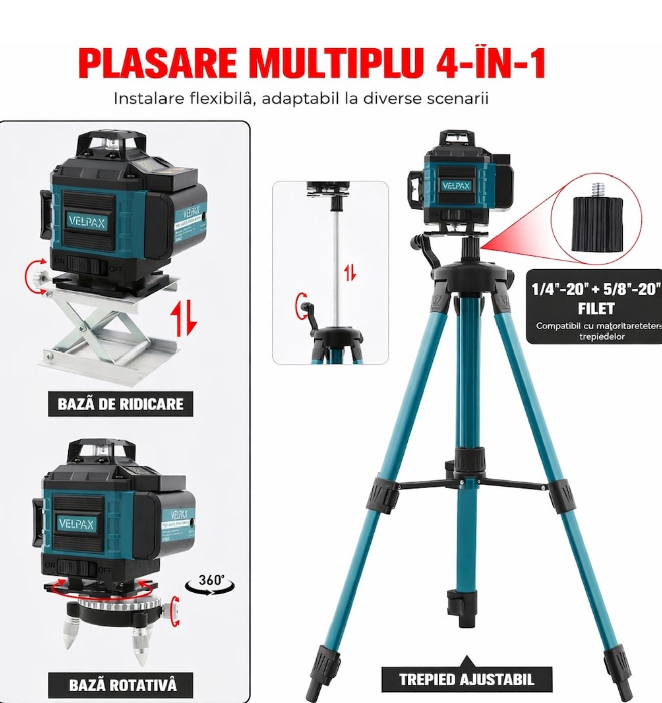 Nivela Laser Profesională 4D cu 16 Linii Verzi 360° – Autonivelare Automată, Trepied Reglabil, Bază Rotativă, Telecomandă, 2 Acumulatori și Valiză Transport