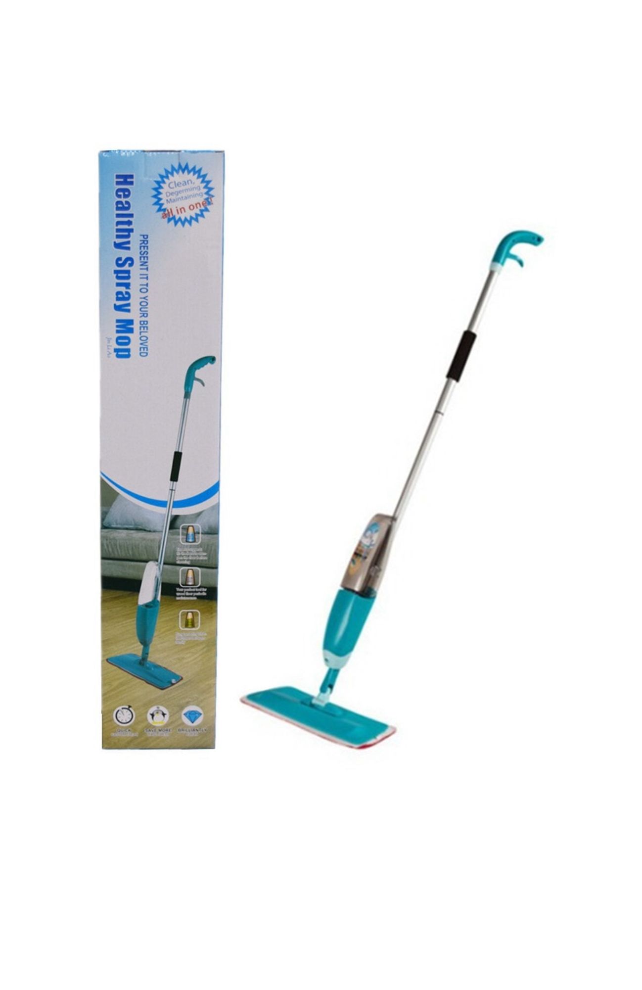 Mop cu Spray pentru Curățare – Rezervor 350 ml, Microfibră, Compatibil Apă/Detergent, Culoare Albastru