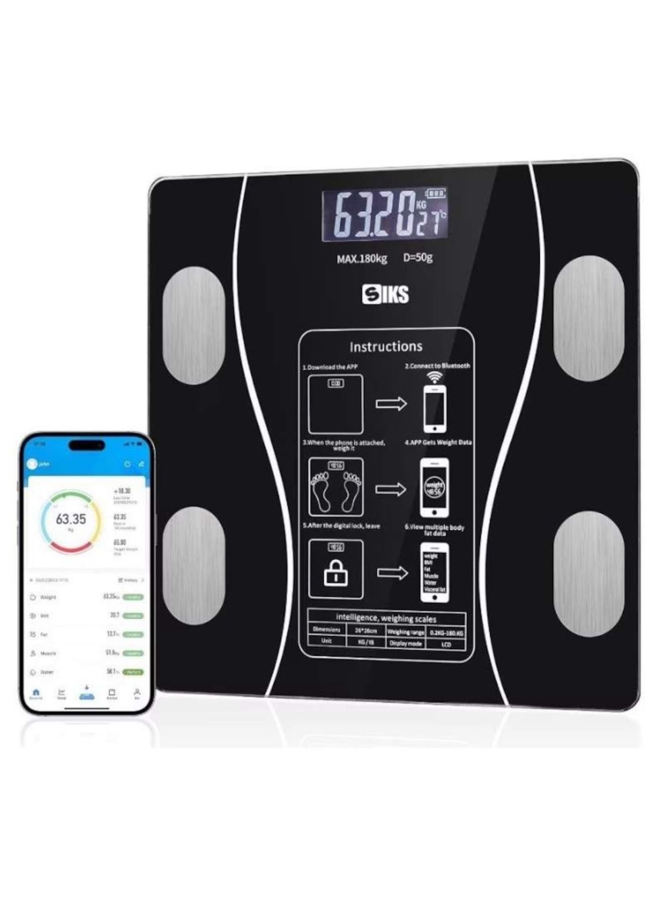 Cântar Electronic Inteligent de Baie cu Aplicație Smart – Afișaj Digital Iluminat, Termometru, Capacitate 180 kg, Negru