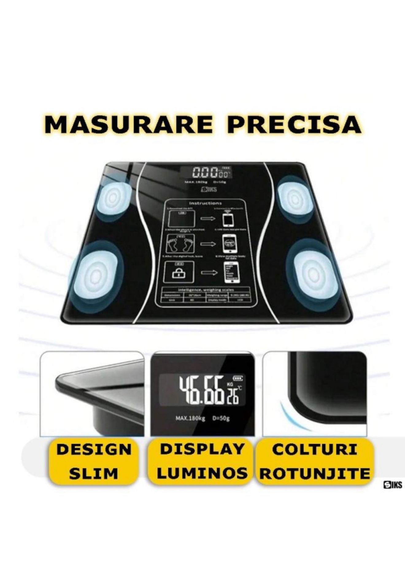 Cântar Electronic Inteligent de Baie cu Aplicație Smart – Afișaj Digital Iluminat, Termometru, Capacitate 180 kg, Negru