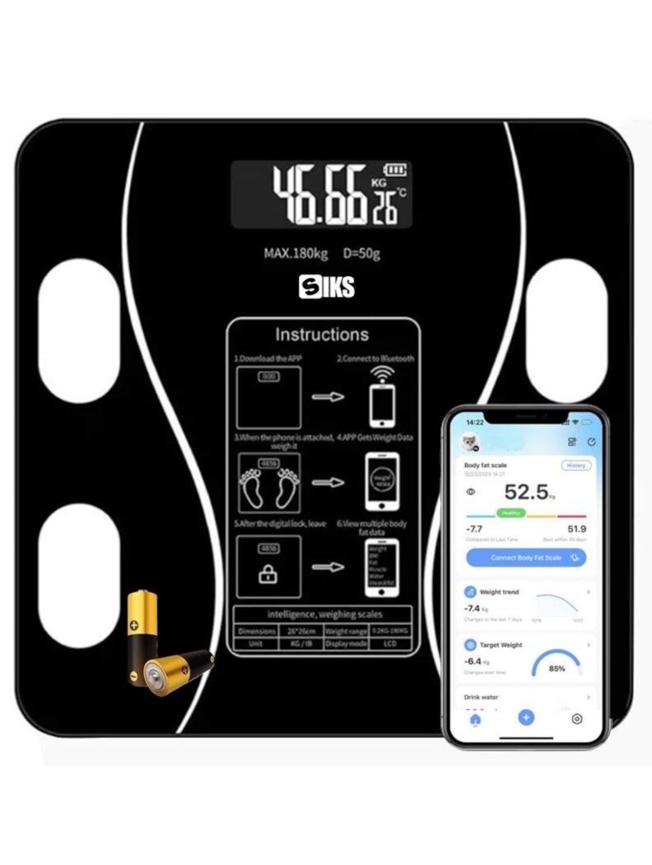 Cântar Electronic Inteligent de Baie cu Aplicație Smart – Afișaj Digital Iluminat, Termometru, Capacitate 180 kg, Negru