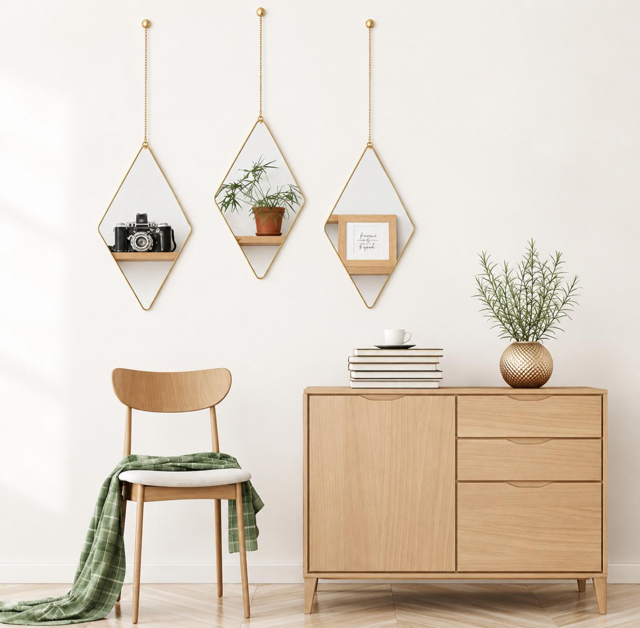 Set 3 Oglinzi Suspendate Romb – Ramă Metal Auriu cu Lanț, 27×17 cm, Decor Modern pentru Interior
