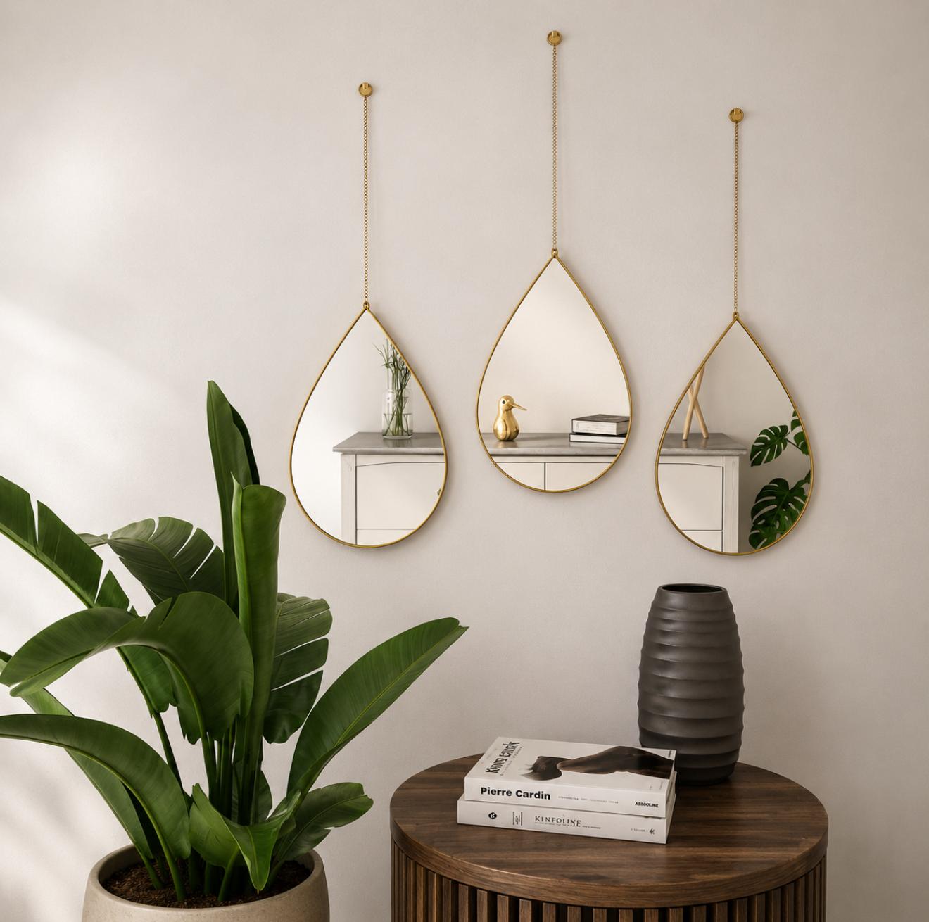 Set 3 Oglinzi Suspendate Lacrimă – Ramă Metal Auriu cu Lanț, 27,5×19 cm, Decor Elegant de Interior