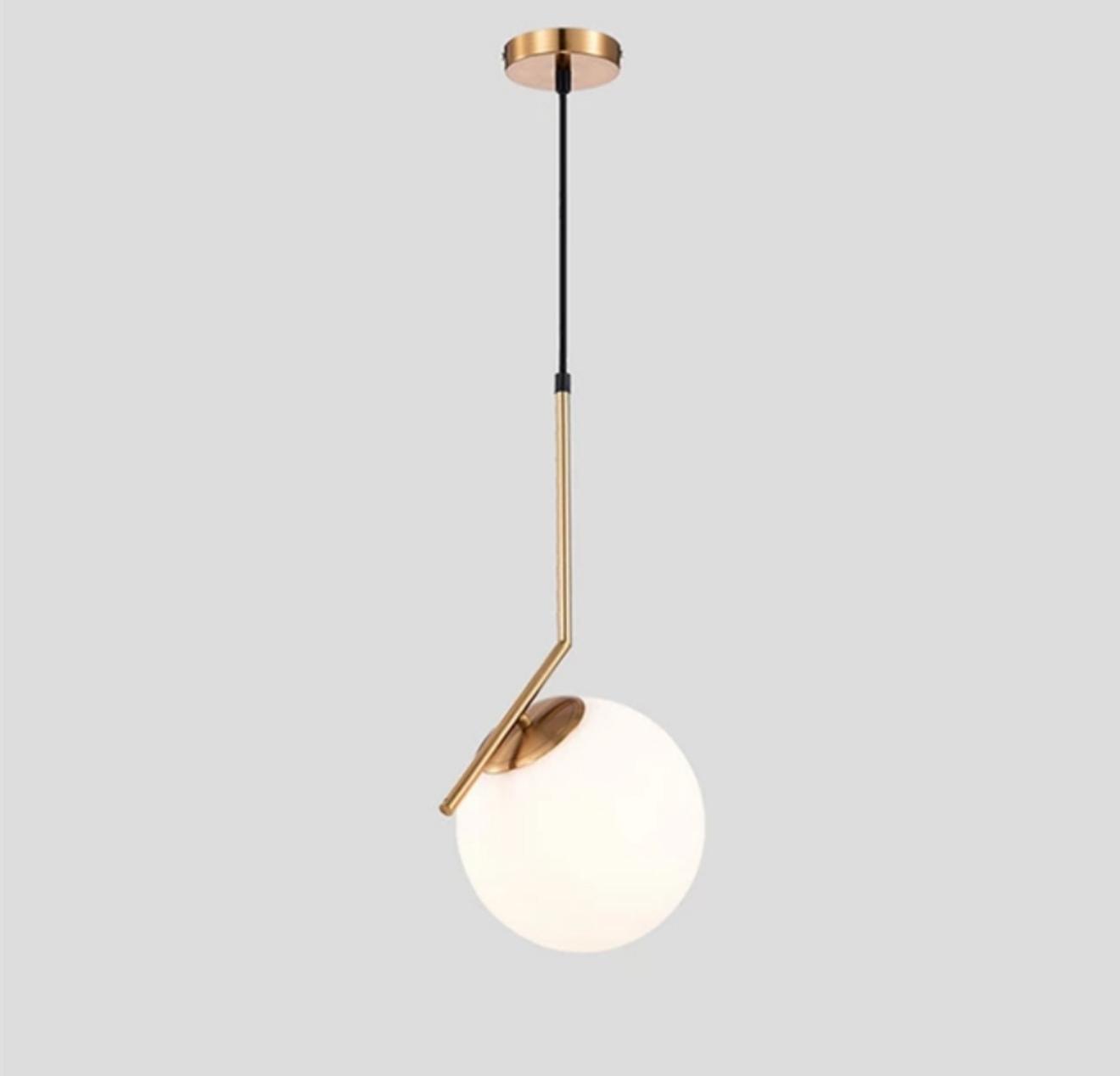 Pendul Modern Metal Auriu cu Abajur din Sticlă Alb Mat – Ø15 cm, Reglabil, Dulie E27